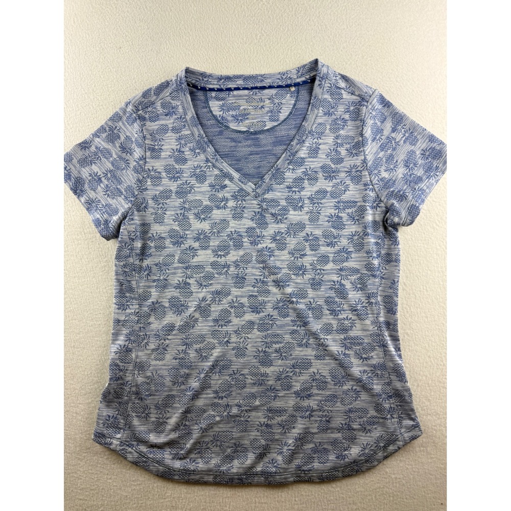 Tommy Bahama IslandZone Womens Blue Pineapple Print V-Neck Tee Shirt Small